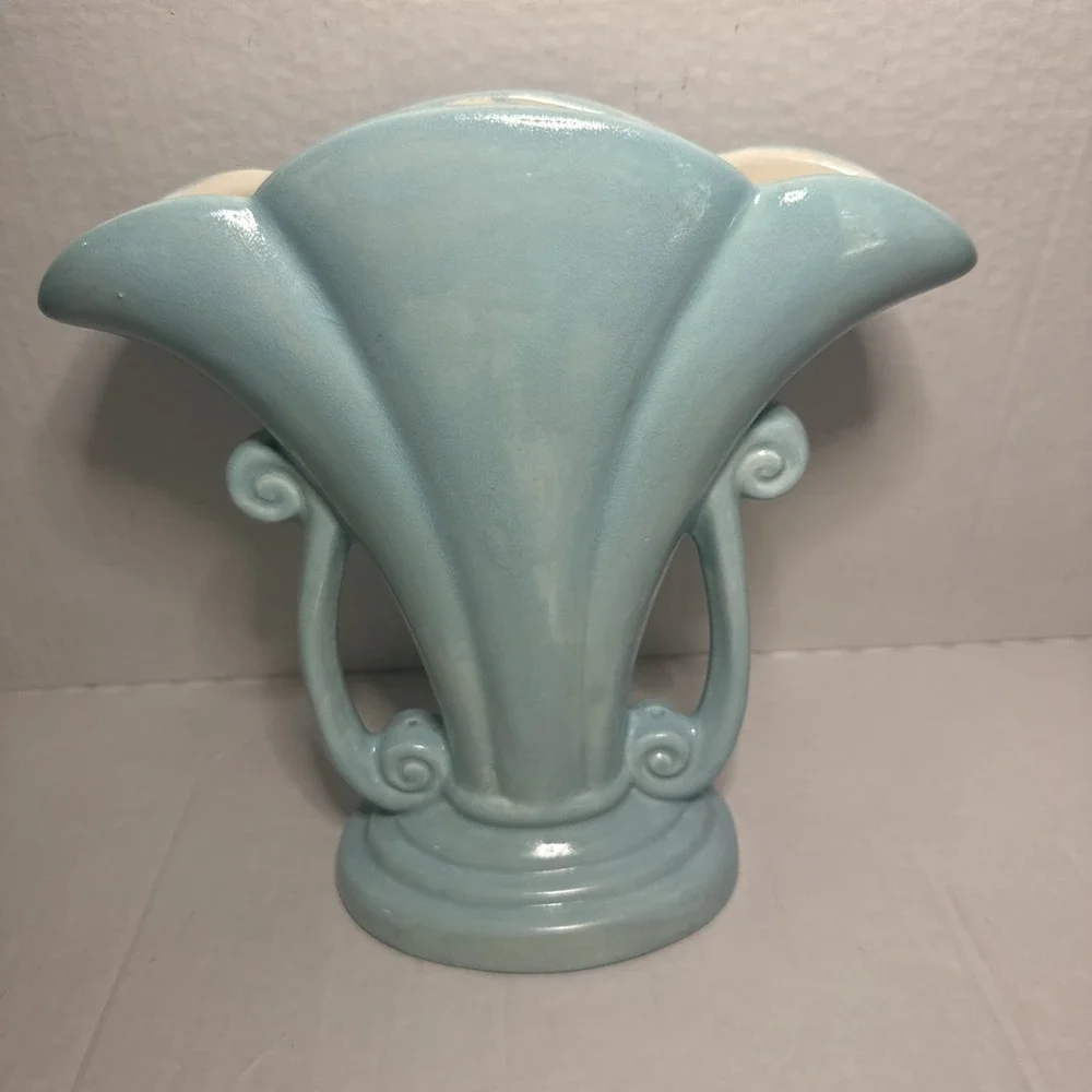 Vintage '72 Studio Art Deco Pottery Fan Vase Turquoise Scroll Handles Signed